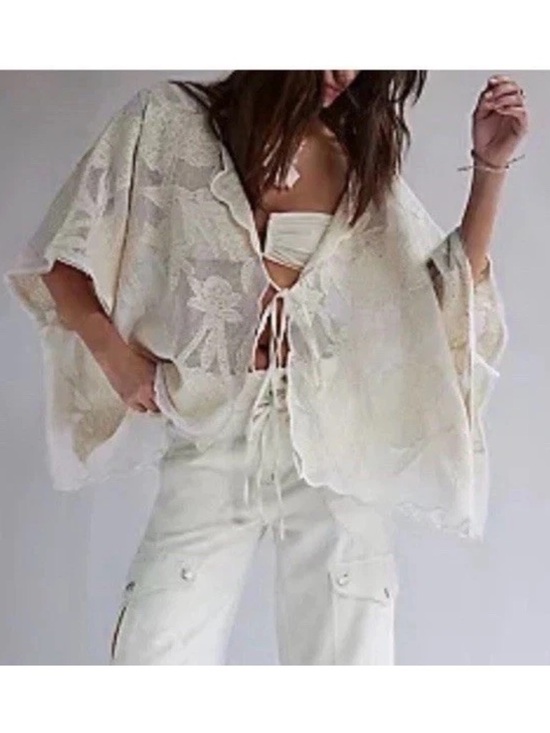 Free People Tops - Free People Willow Floral Appliqué Detail Tie Front Cape Top NWT One Size